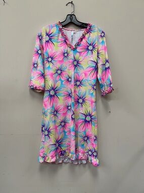 Floral Ruffle-Trim Shift Dress in Pink, Blue & Yellow